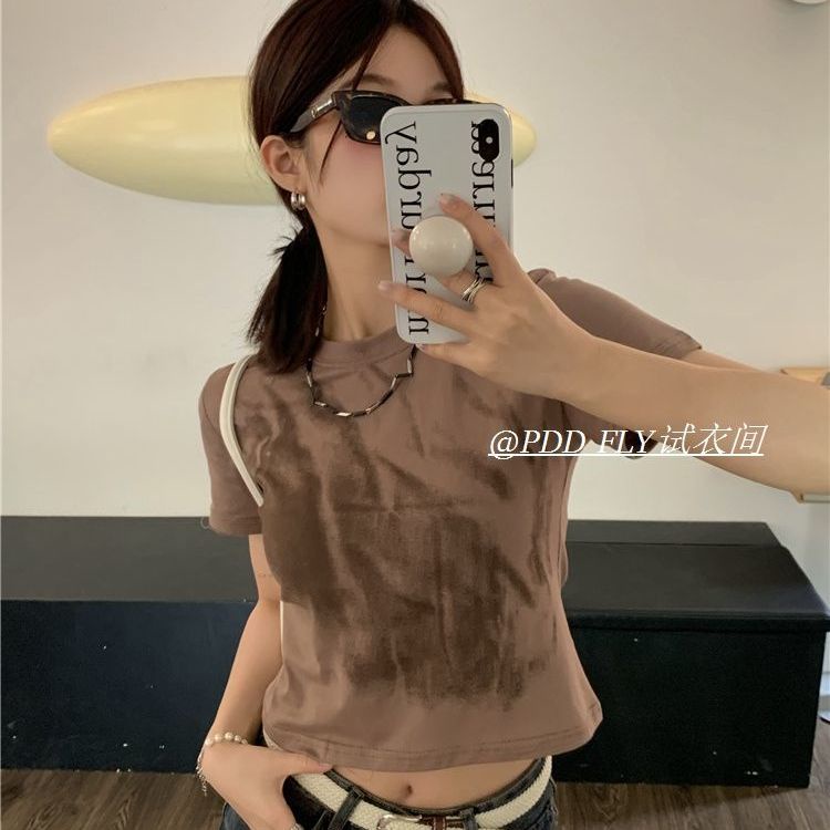 COZOK Áo Thun Tay Ngắn Hở Vai Màu Nhuộm Kiểu Vintage Thời Trang
