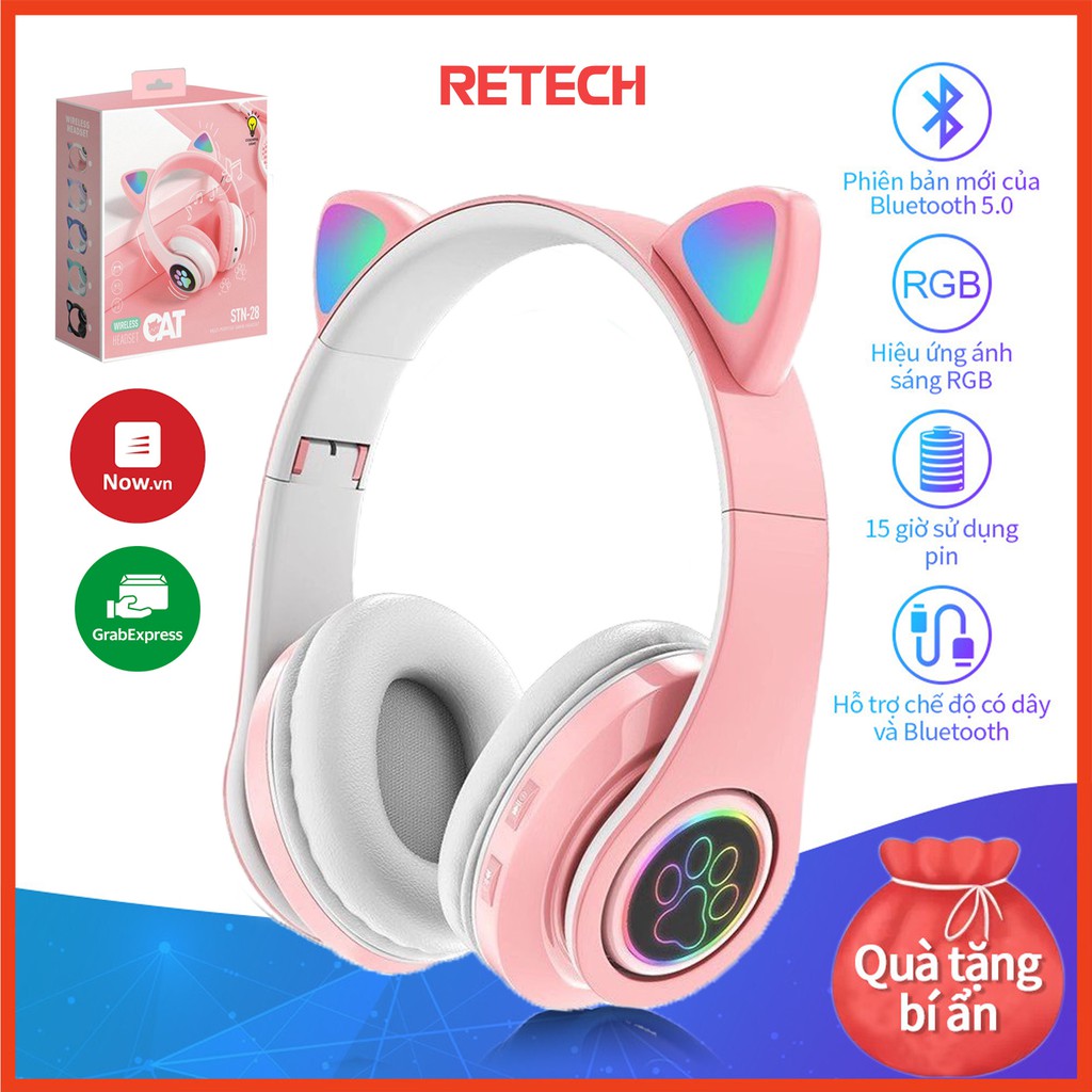 Tai Nghe Mèo Chụp Tai Bluetooth, Headphone Tai Mèo Dễ Thương Có Mic,Âm Bass Mạnh Mẽ Và Dung Lượng Pin Khủng 400mAh
