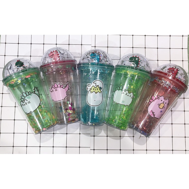 cốc 2 lớp kim tuyến pusheen khủng long nắp cầu CNCKI2 cốc giữ nhiệt ly 2 lớp nắp cầu cốc làm lạnh dễ thương 500ml