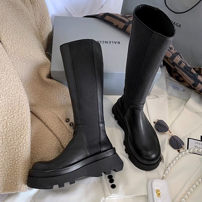 Bốt da cao cổ phối chun