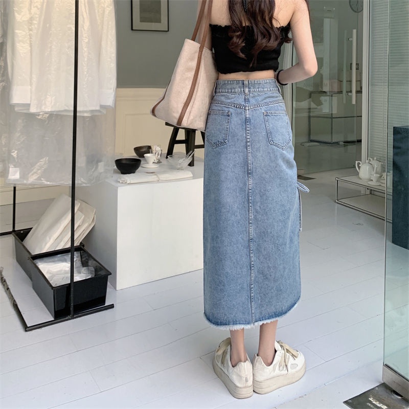 COZOK Chân váy jean Lưng Cao Xẻ Tà Thời Trang Dễ Phối Đồ