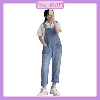 Yếm jean Nữ quần dài ống rộng phối túi hộp wash rách cá tính năng động MQuinn YN02