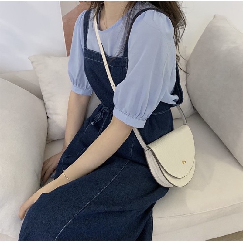 Set yếm váy jean denim cột dây eo + áo tay bồng vintage