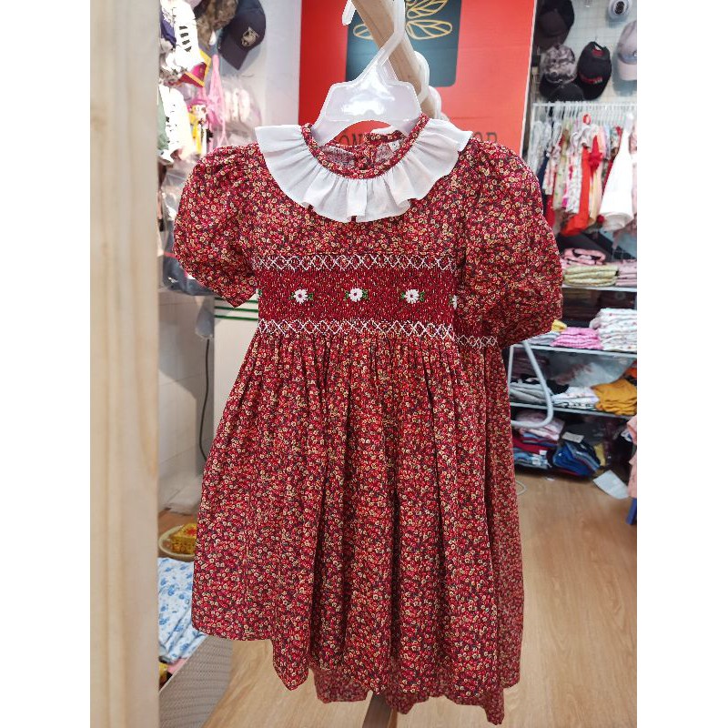 Đầm smock đỏ bản trám nâu