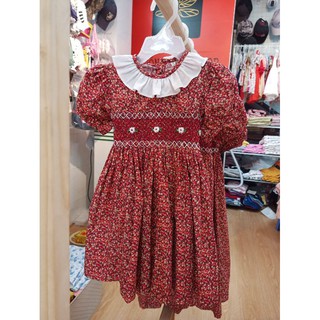 Đầm smock đỏ bản trám nâu