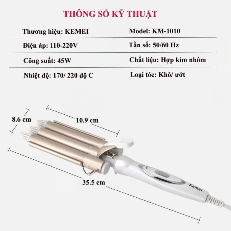 Máy uốn tóc đa năng Kemei-1010 chuyên nghiệp với 3 trục uốn có thể dùng uốn xoăn, uốn lọn gợn sóng, tạo độ phồng cho tóc