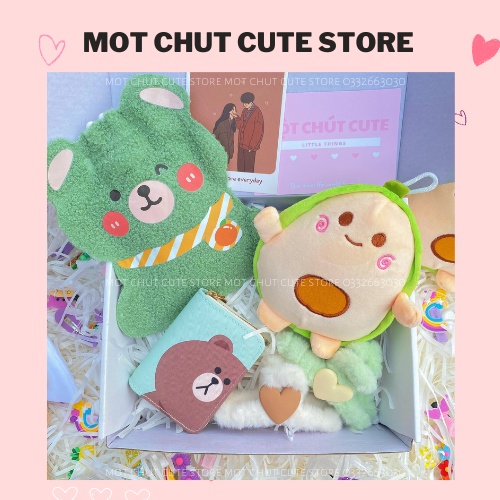 Set quà tặng Màu xanh lá Túi chườm, Ví, bơ, kẹp tóc dành tặng người yêu dịp 14/2, noel, 20/10
