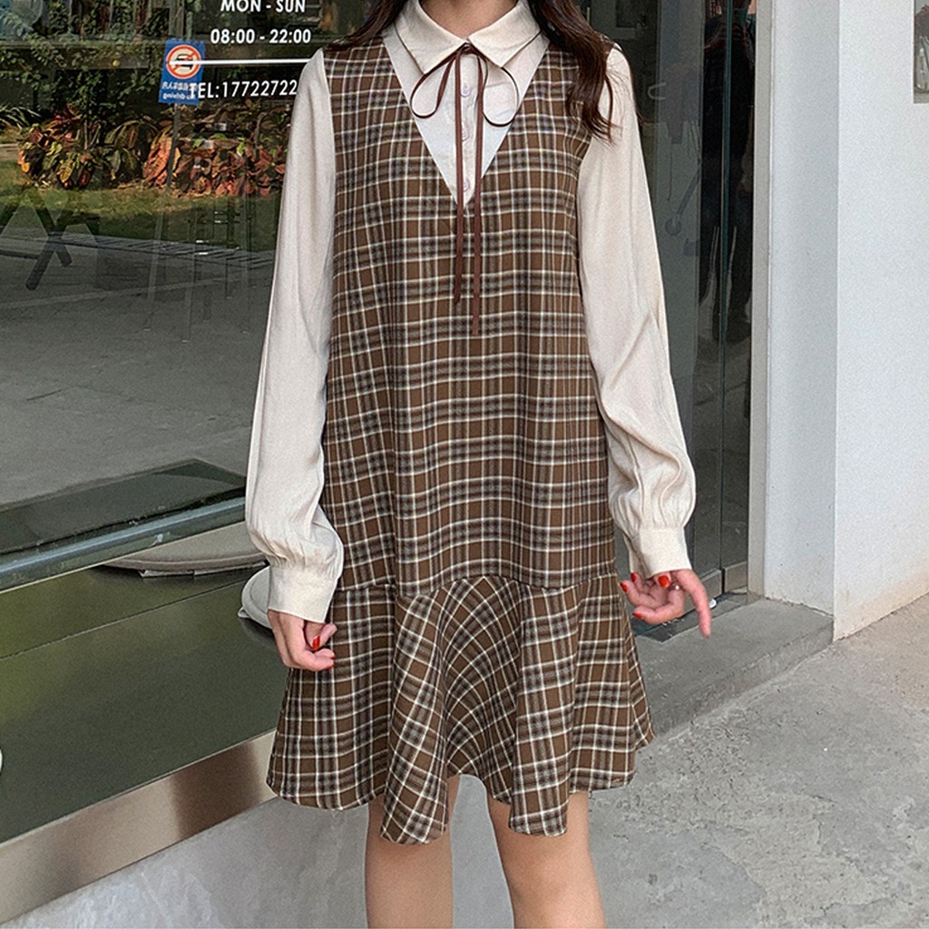 Váy yếm babydoll kẻ vintage tiểu thư (hàng QC) - Ảnh thật