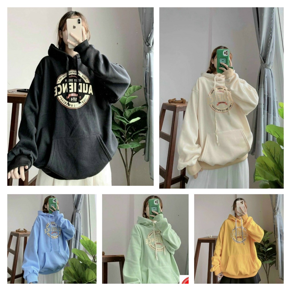 Aó Khoác Hoodie & Sweater Nữ Tay Phồng Cánh Dơi In Qủa Cầu Phối Chữ AUDIENCE Chất Thun Nỉ Mềm Mịn Có Nón 2 Lớp Form Dưới