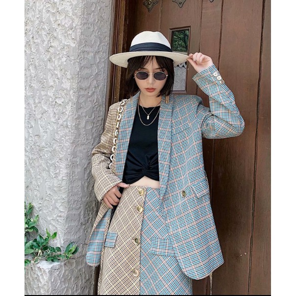 Set áo vest váy chữ A cách điệu blazer phong cách Hàn Quốc Ulzzang cực sang công sở thời trang hai màu vàng xanh phối