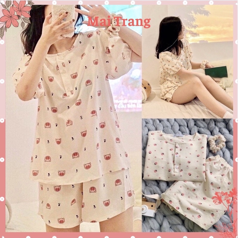 Bộ ngủ nữ mặc nhà kèm chun tóc vải đũi xốp họa tiết cute, Đồ bộ nữ cộc tay dễ thương Maitrangshop92 –
