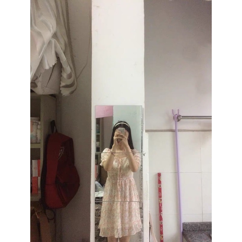 Đầm hoa nhí hồng babydoll dáng váy xoè thắt dây hình thật cuối