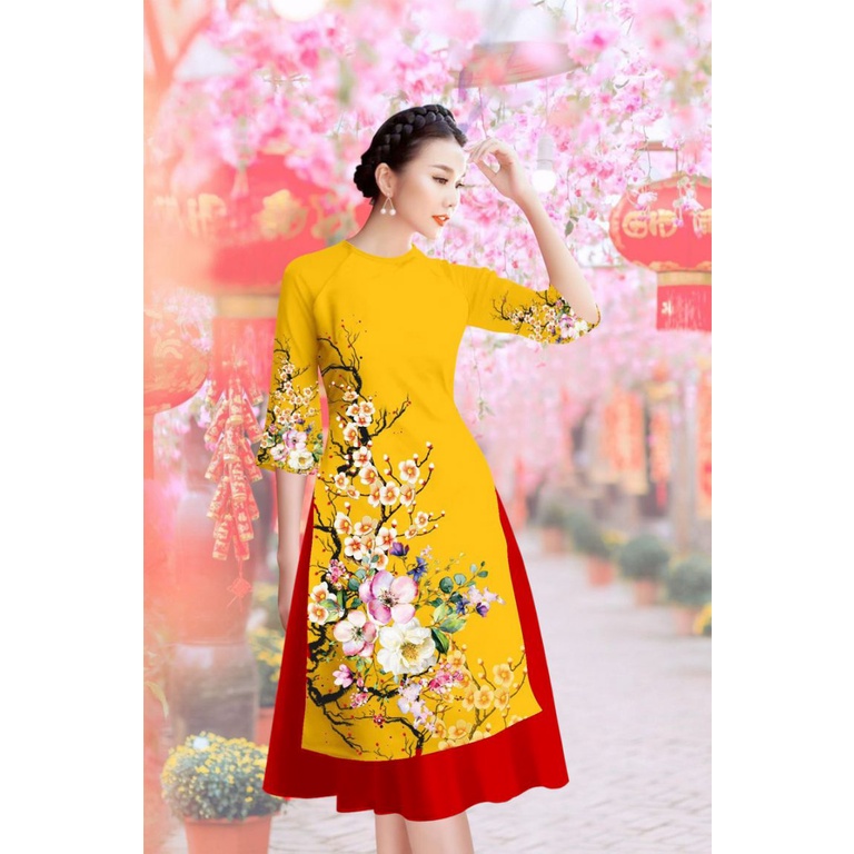 Áo dài cách tân in hoa mai vàng-AD06