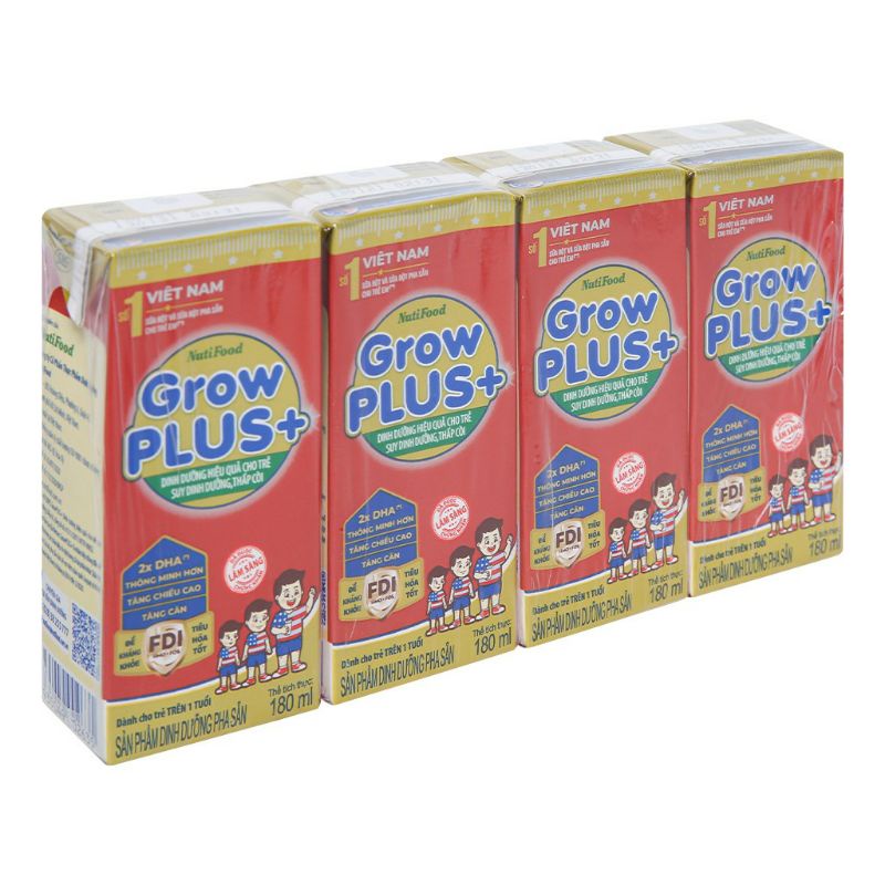 Lốc 4 hộp sữa pha sẵn Nutifood Grow Plus đỏ 180ml (date mới)