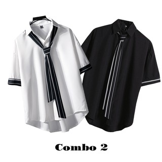 Combo 2 Áo Sơ Mi Nam Ngắn Tay Trơn Một Màu Kèm Cà Vạt Thanh Lịch Kiểu Hàn Quốc Trẻ Trung 2SOMI NAM 9000015