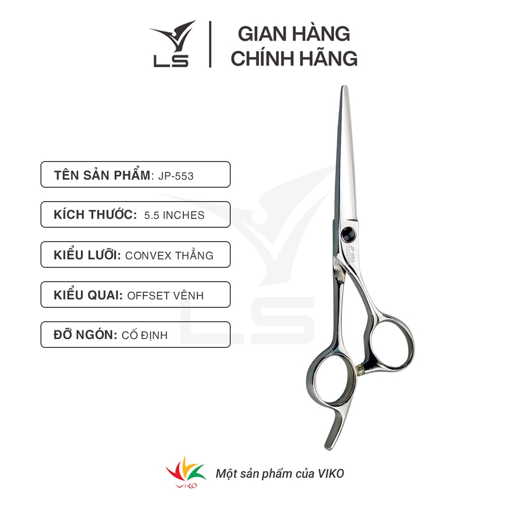 Kéo cắt tóc VLS lưỡi thẳng quai offset vênh đỡ ngón cố định JP553