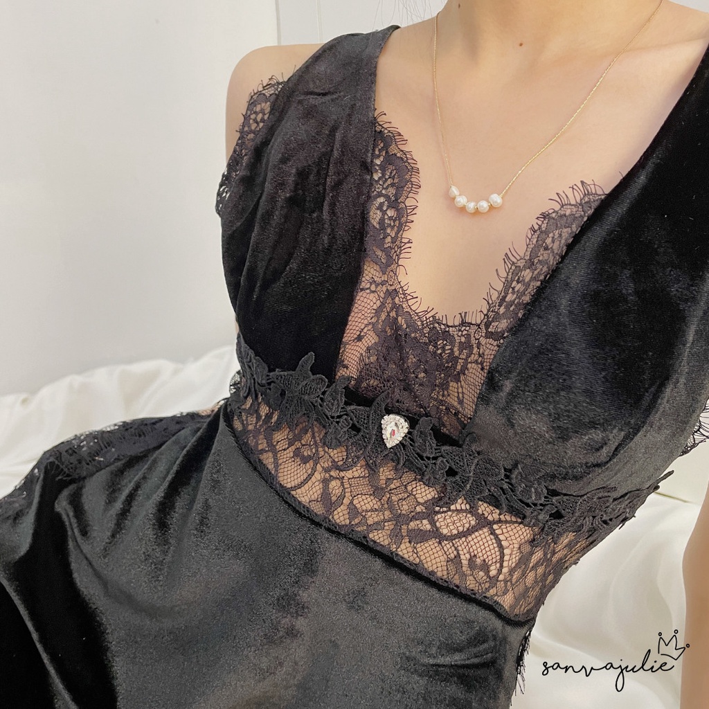 Váy ngủ, đầm ngủ, đồ mặc nhà dáng xoè chữ A nhung đính đá Velvet