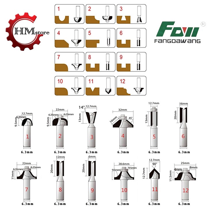 Loại tốt - Bộ mũi phay Favi - Bộ mũi phay gỗ 12 món cốt 6.35mm chuyên dùng cho các máy soi gỗ cầm tay thương hiệu FAVI