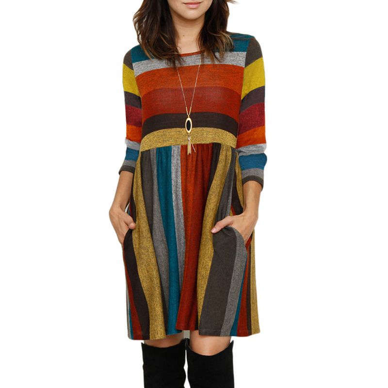 Đầm Xòe Cổ Tròn Tay 3 / 4 Màu Sắc Thời Trang Mùa Thu Cho Nữ