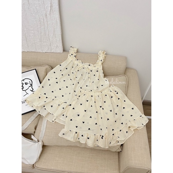 [ ẢNH THẬT ] Pyjama cánh tiên nơ hoạ tiết dễ thương. Bộ ngủ 2 dây phối nơ xinh xắn
