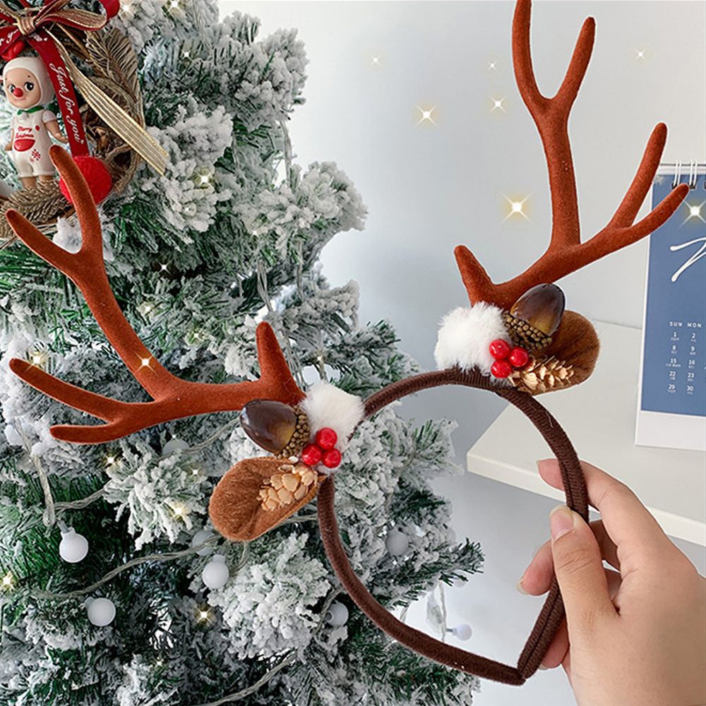 Băng đô cài tóc hình sừng tuần lộc đính cụm lông tròn đáng yêu