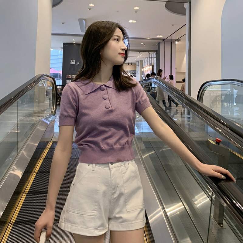 Áo thun tay ngắn cổ polo màu trơn phong cách retro dành cho nữ | BigBuy360 - bigbuy360.vn