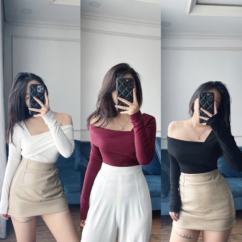 áo pull trễ vai 3 màu đen - trắng - đỏ