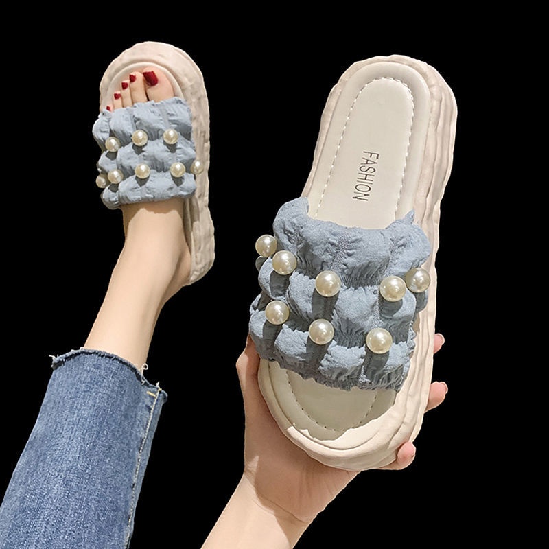 Hàng Có Sẵn ~ Dép Sandal Đế Dày Mềm Mại Đính Ngọc Trai Thời Trang Mùa Hè Bán Chạy Dành Cho Bạn Nữ Mang Ngoài Trời