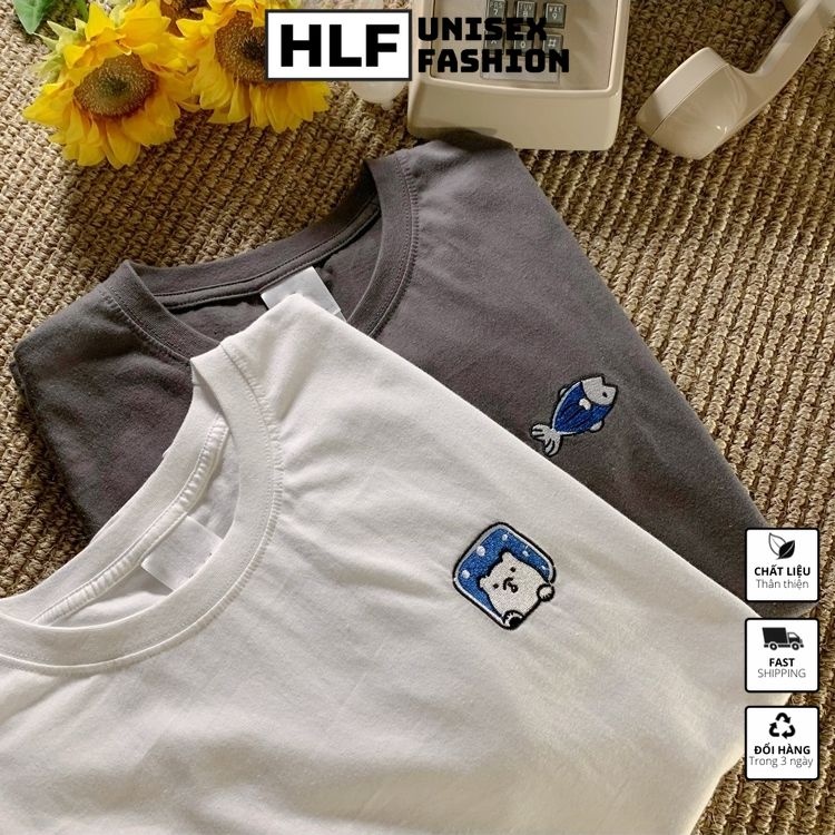 Áo phông nữ form rộng thêu con cá và con gấu, áo thun nữ tay lỡ HLFashion