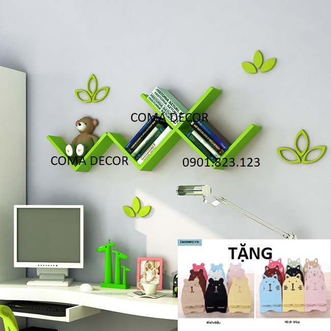 Kệ treo tường góc học tập bộ 4 chữ V(Nhiều màu) Gỗ lõi xanh chống ẩm cao cấp + Tặng lá gỗ 3D trang trí.