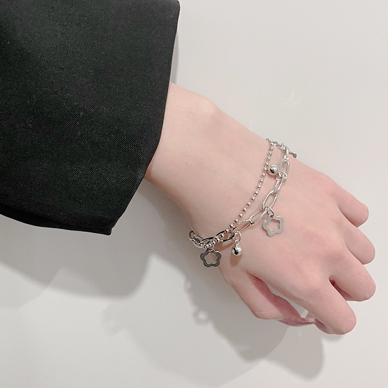 Vòng Tay Hai Lớp Bằng Thép Không Gỉ Hình Hoa Phong Cách Hàn Quốc