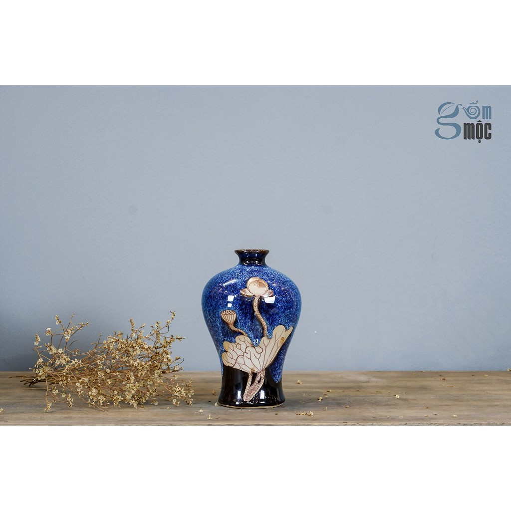 Bình hoa men hỏa biến xanh đá khắc sen nâu, dáng đùi dế, gốm sứ Bát Tràng cao cấp