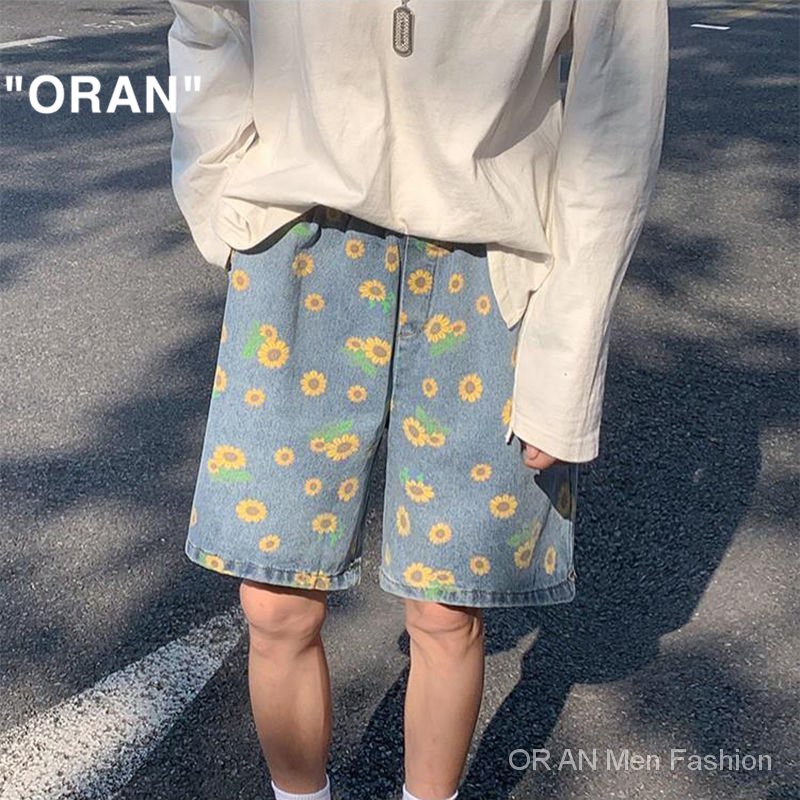 【S-3XL】Quần Short Denim Dáng Rộng In Hình Hoa Cúc Nhỏ Thời Trang Đi Biển Trẻ Trung Cho Nam