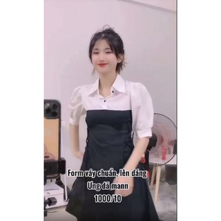Váy nữ dáng xòe Cổ sơ mi Trắng Đan Eo Chất Đũi Lụa - HT STORE
