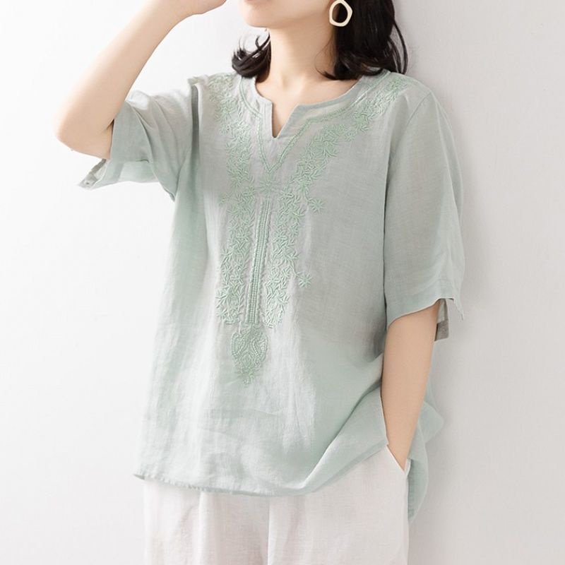 Áo Sơ Mi cotton Cổ v Tay Ngắn Dáng Rộng Thêu Họa Tiết Thời Trang Mùa Hè Mới Cho Nữ