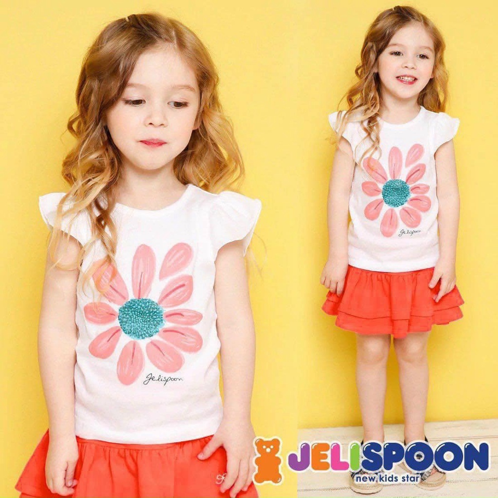 Đồ bộ bé gái áo hoa trắng phối chân váy cam 2 tầng kèm quần chất cotton mềm mịn thấm hút tốt