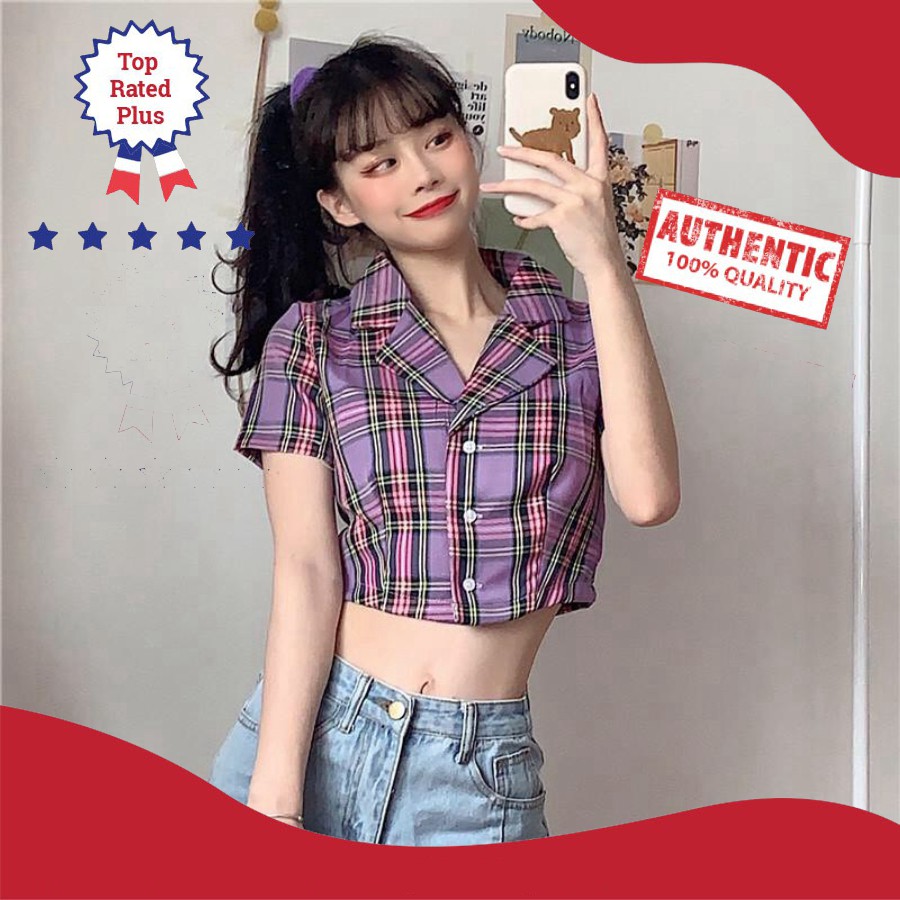 [Chất đẹp] ÁO SƠ MI CROPTOP TAY NGẮN KẺ SỌC CARO THỜI TRANG CHO NỮ - CROPTOP CARO KẺ TÍM ĐEN ĐỎ HỒNG VÀNG XANH