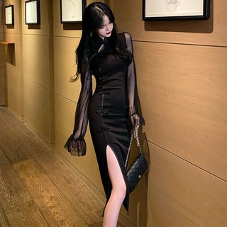 Đầm Sườn Xám Cách Tân Tay Phồng Phối Lưới Thiết Kế Xẻ Tà Quyến Rũ Dành Cho Nữ