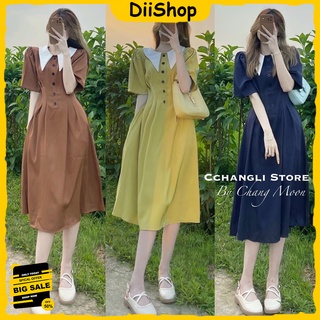 Đầm nữ cổ V đính nút, đầm vintage dáng suông dài, đầm tiểu thư tay ngắn, đàm retro phong cách Pháp