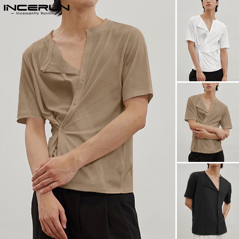 Áo sơ mi INCERUN tay ngắn dáng rộng phối nút thiết kế độc đáo thời trang cho nam