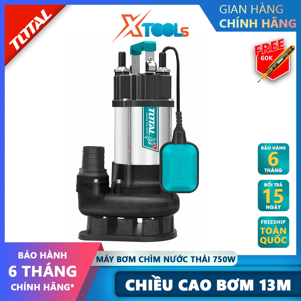 Máy bơm chìm chất thải TOTAL TWP77501 Máy bơm chìm nước thải 750W(1.0HP) 13M Tốc độ dòng chảy 21M3/h tưới tiêu, bơm hút