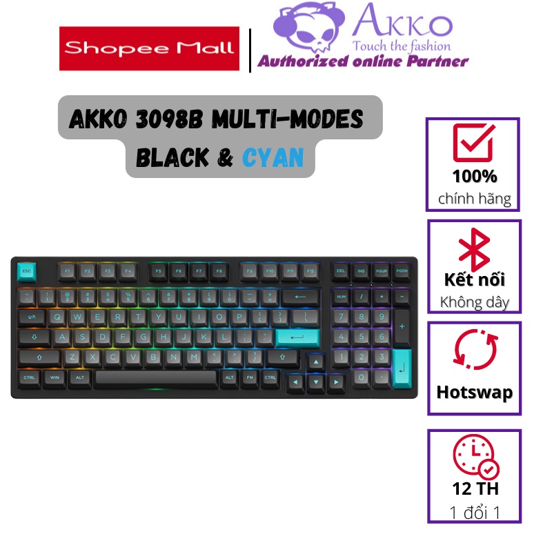 Bàn phím cơ AKKO 3098B Multi-modes Black &amp; Cyan (Bluetooth 5.0 / Wireless 2.4Ghz / Hotswap / Foam tiêu âm)