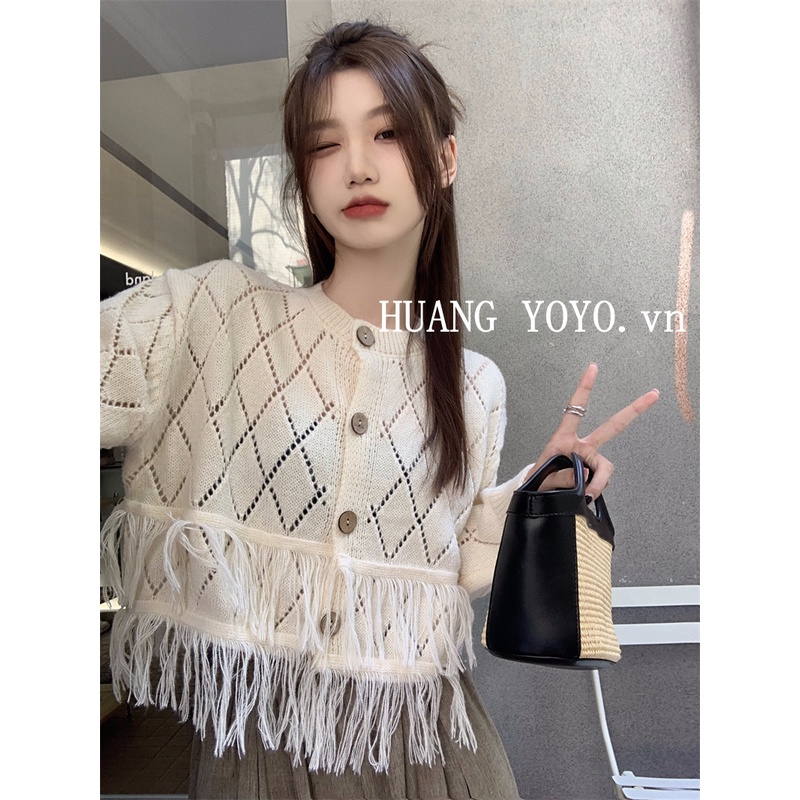 HUANG YOYO Áo Khoác cardigan Dệt Kim Tay Dài Phối Tua Rua Thời Trang Mùa Thu Cho Nữ
