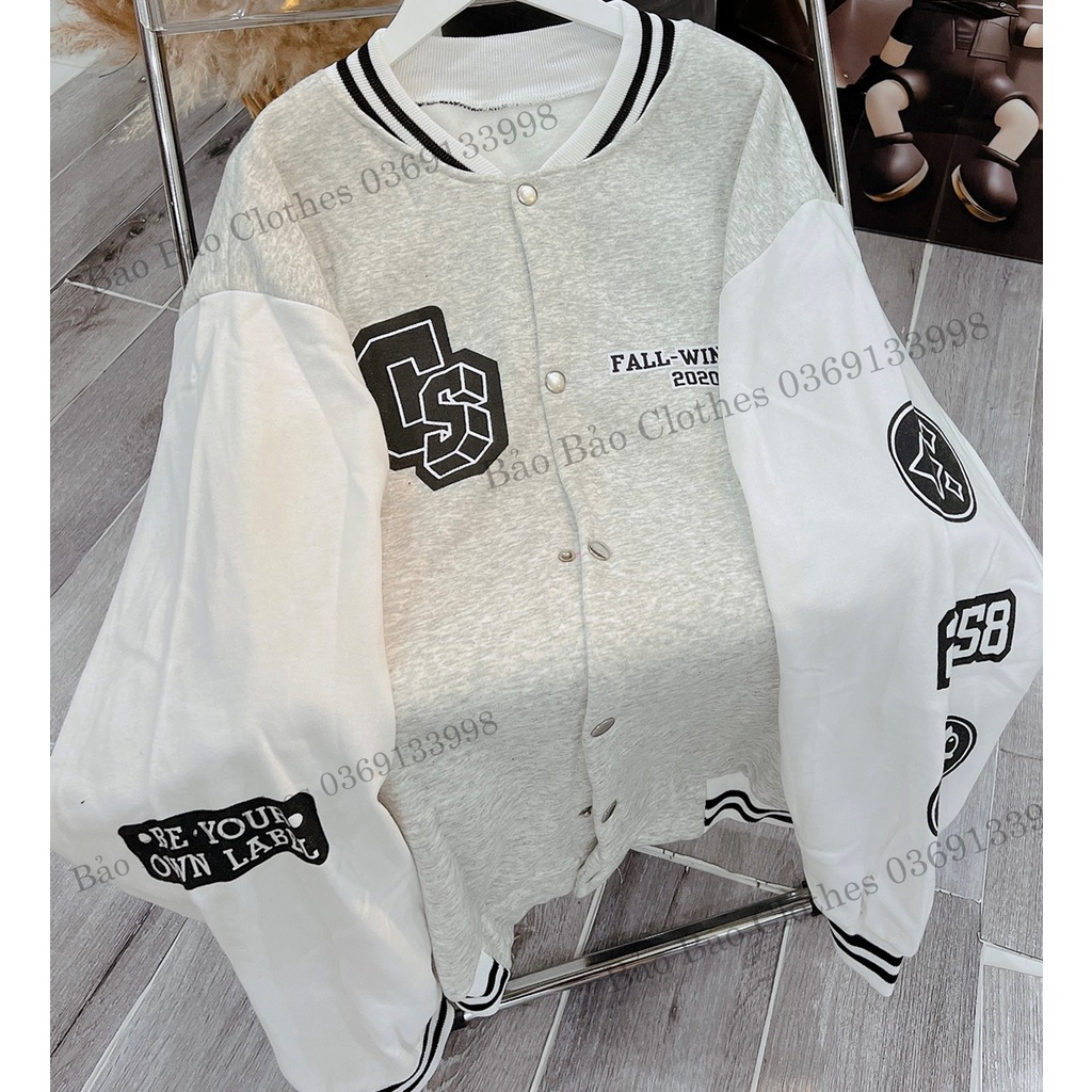 Áo Khoác Bomber Nỉ Chữ CS Form Rộng Unisex Chất Nỉ Ngoại Ulzzang Nam Nữ Dáng Rộng Form To Màu Tàn Phối Trắng