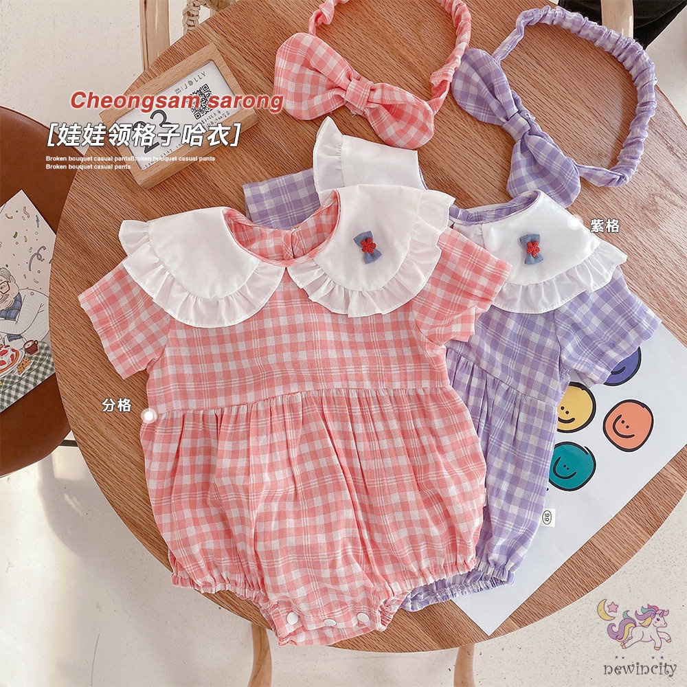 Bộ Áo Liền Quần Tay Ngắn Cổ Búp Bê Kèm Băng Đô Dễ Thương Cho Bé Gái