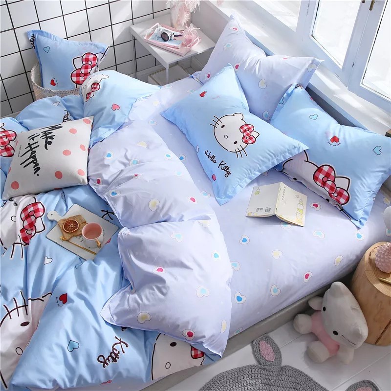 Chăn Ga Gối , cotton poly chăn ga Hàn Quốc đủ màu đủ size miễn phí bo chun mẫu KITTY XANH