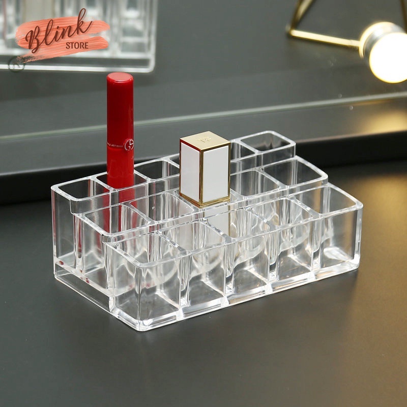Khay đựng son 10 16 ô kết hợp cao thấp, kệ son môi để bàn nhựa mica trong suốt, thời trang - Blink Store
