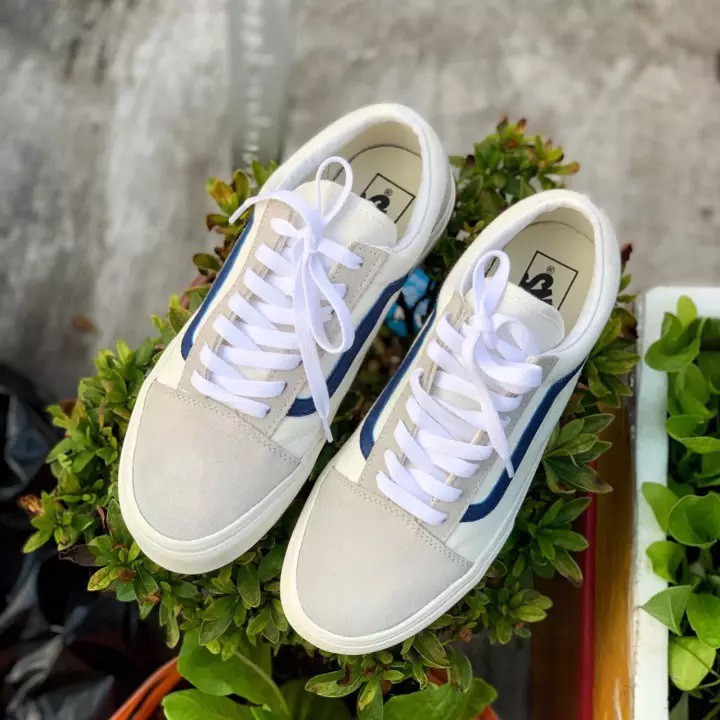 [Tặng Kèm Hộp + Vớ Xinh] Giày Sneakers Vans Trắng Xám Sọc Xanh Dương Da Lộn R11 Giày Vans Style 36 Siêu Đẹp | BigBuy360 - bigbuy360.vn
