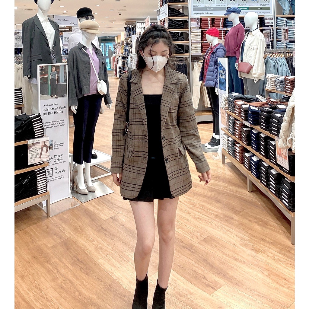 Áo blazer nữ áo vest khoác ngoài phong cách hàn quốc màu đen nâu tây kẻ 2 lớp 1 lớp kozoda AK1