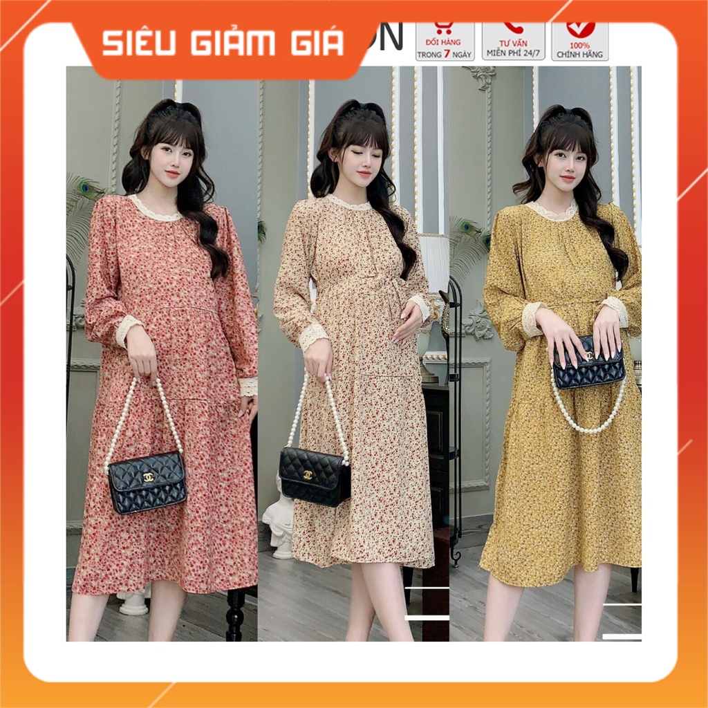 Đầm bầu kết hợp cho con bú sau sinh dáng babydoll ba tầng hoa nhí ren cổ MOLYS VM6666 mặc hết thai kỳ